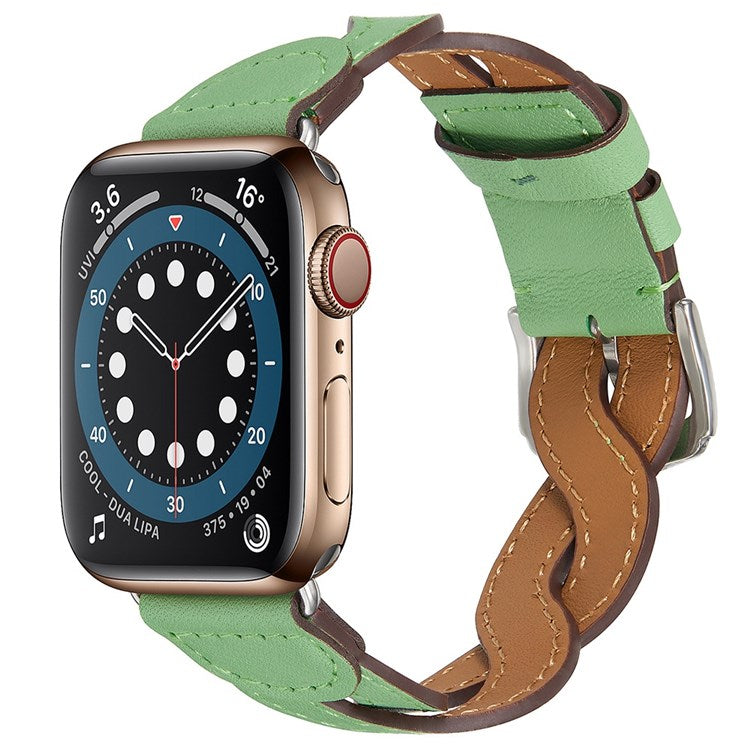 A030 For Apple Watch Series 10 46mm / Ultra 2 Ultra 49mm / 9 8 7 45mm / SE (2023) SE (2022) SE 6 5 4 44mm / 3 2 1 42mm Woven Design Watch Band Top Layer Cowhide Leather Replacement Strap - Green