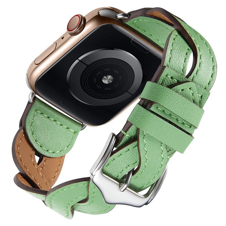 A030 For Apple Watch Series 10 46mm / Ultra 2 Ultra 49mm / 9 8 7 45mm / SE (2023) SE (2022) SE 6 5 4 44mm / 3 2 1 42mm Woven Design Watch Band Top Layer Cowhide Leather Replacement Strap - Green