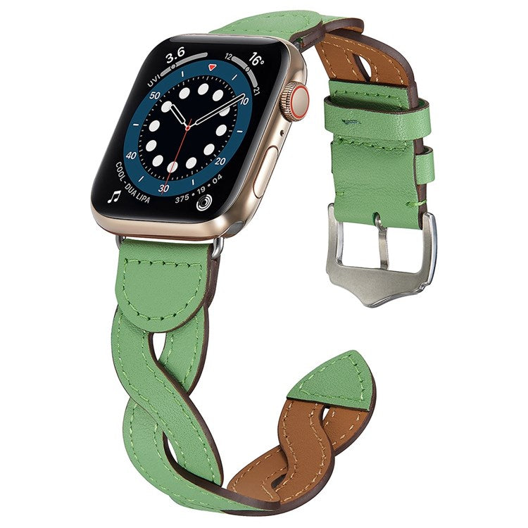 A030 For Apple Watch Series 10 46mm / Ultra 2 Ultra 49mm / 9 8 7 45mm / SE (2023) SE (2022) SE 6 5 4 44mm / 3 2 1 42mm Woven Design Watch Band Top Layer Cowhide Leather Replacement Strap - Green