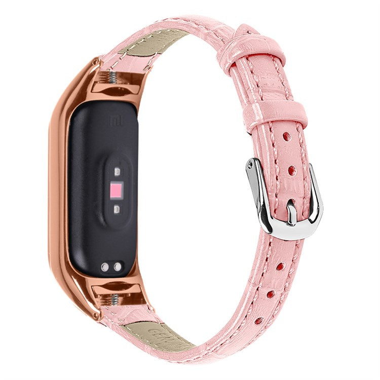 For Xiaomi Mi Band 7 Bamboo Grain Top Layer Cowhide Leather Buckle Design Watch Band with Rose Gold Watch Cover - Pink