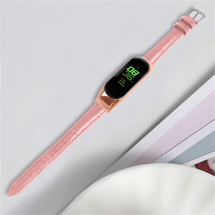 For Xiaomi Mi Band 7 Bamboo Grain Top Layer Cowhide Leather Buckle Design Watch Band with Rose Gold Watch Cover - Pink