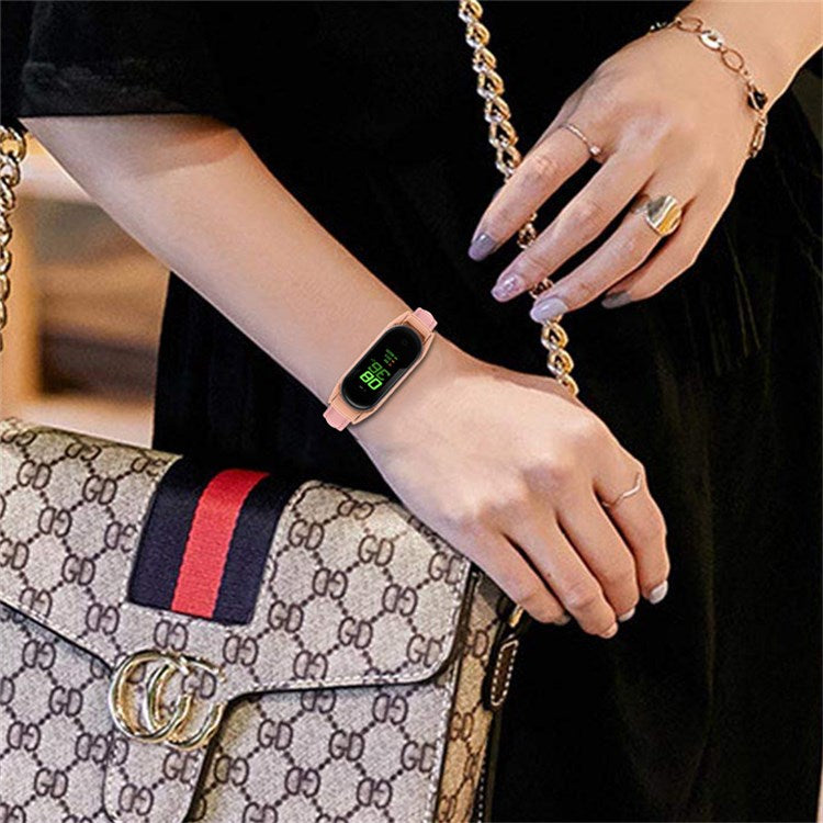 For Xiaomi Mi Band 7 Bamboo Grain Top Layer Cowhide Leather Buckle Design Watch Band with Rose Gold Watch Cover - Pink