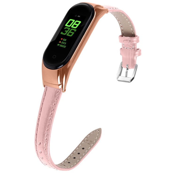 For Xiaomi Mi Band 7 Bamboo Grain Top Layer Cowhide Leather Buckle Design Watch Band with Rose Gold Watch Cover - Pink