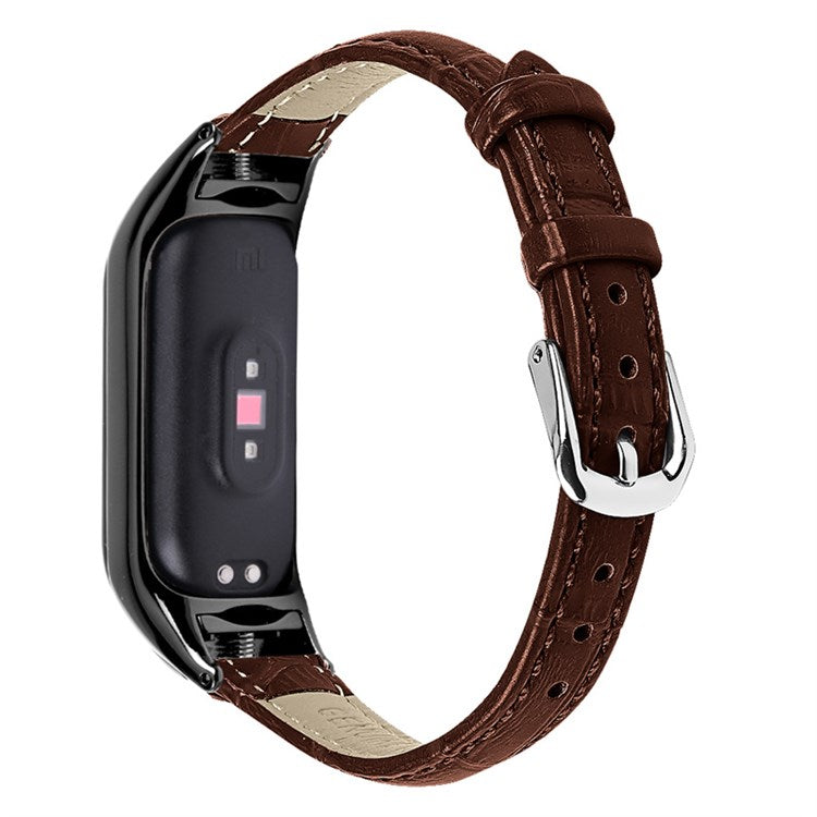 For Xiaomi Mi Band 7 Top Layer Cowhide Leather Bamboo Grain Watch Band with Anti-fall Black Watch Cover - Brown