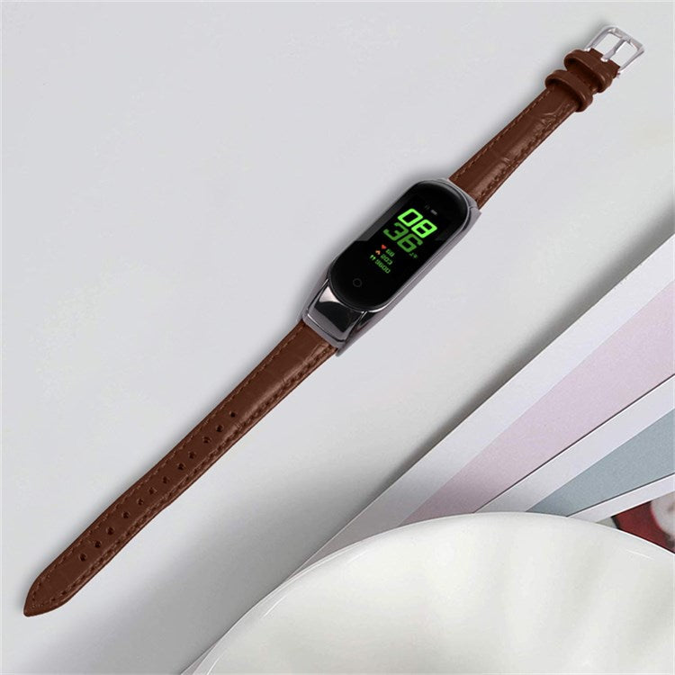 For Xiaomi Mi Band 7 Top Layer Cowhide Leather Bamboo Grain Watch Band with Anti-fall Black Watch Cover - Brown