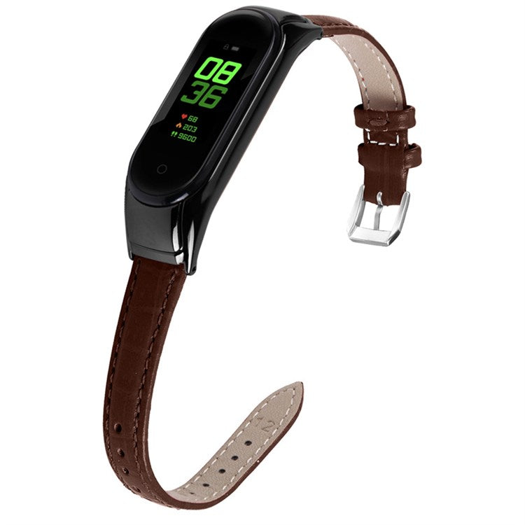 For Xiaomi Mi Band 7 Top Layer Cowhide Leather Bamboo Grain Watch Band with Anti-fall Black Watch Cover - Brown