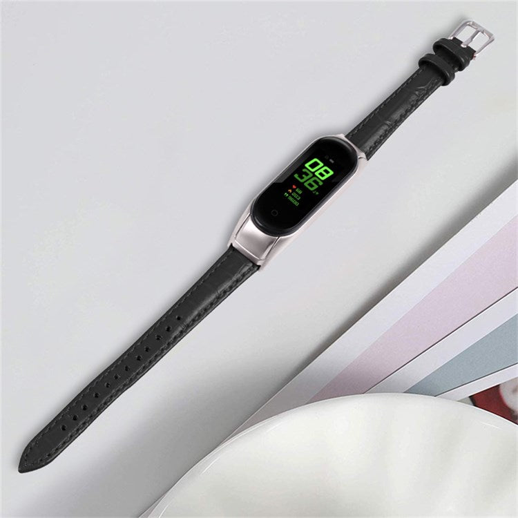For Xiaomi Mi Band 7 Buckle Design Top Layer Cowhide Leather Bamboo Grain Adjustable Watch Band with Silver Protective Cover - Black