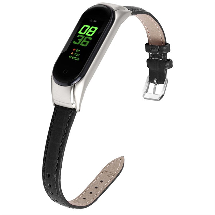 For Xiaomi Mi Band 7 Buckle Design Top Layer Cowhide Leather Bamboo Grain Adjustable Watch Band with Silver Protective Cover - Black