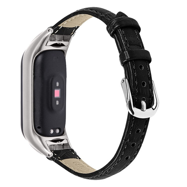 For Xiaomi Mi Band 7 Buckle Design Top Layer Cowhide Leather Bamboo Grain Adjustable Watch Band with Silver Protective Cover - Black