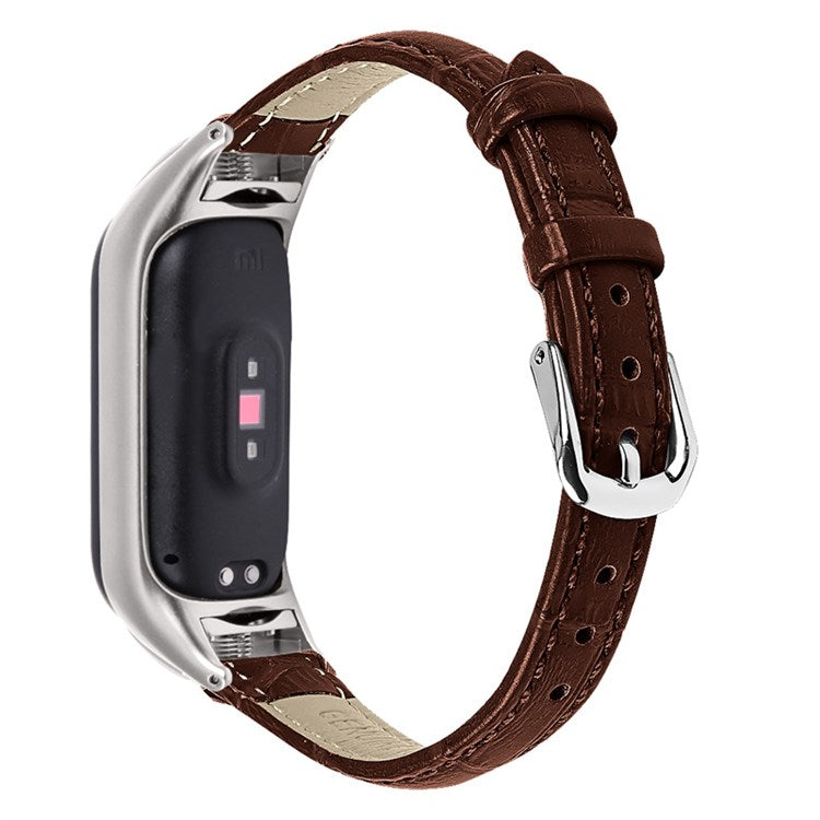 For Xiaomi Mi Band 7 Buckle Design Top Layer Cowhide Leather Bamboo Grain Adjustable Watch Band with Silver Protective Cover - Brown