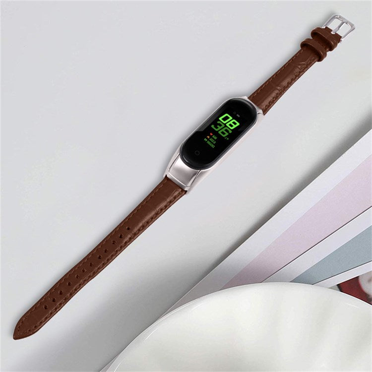 For Xiaomi Mi Band 7 Buckle Design Top Layer Cowhide Leather Bamboo Grain Adjustable Watch Band with Silver Protective Cover - Brown