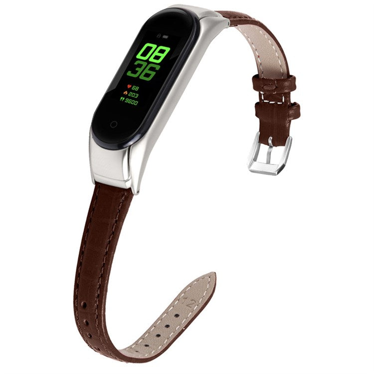 For Xiaomi Mi Band 7 Buckle Design Top Layer Cowhide Leather Bamboo Grain Adjustable Watch Band with Silver Protective Cover - Brown