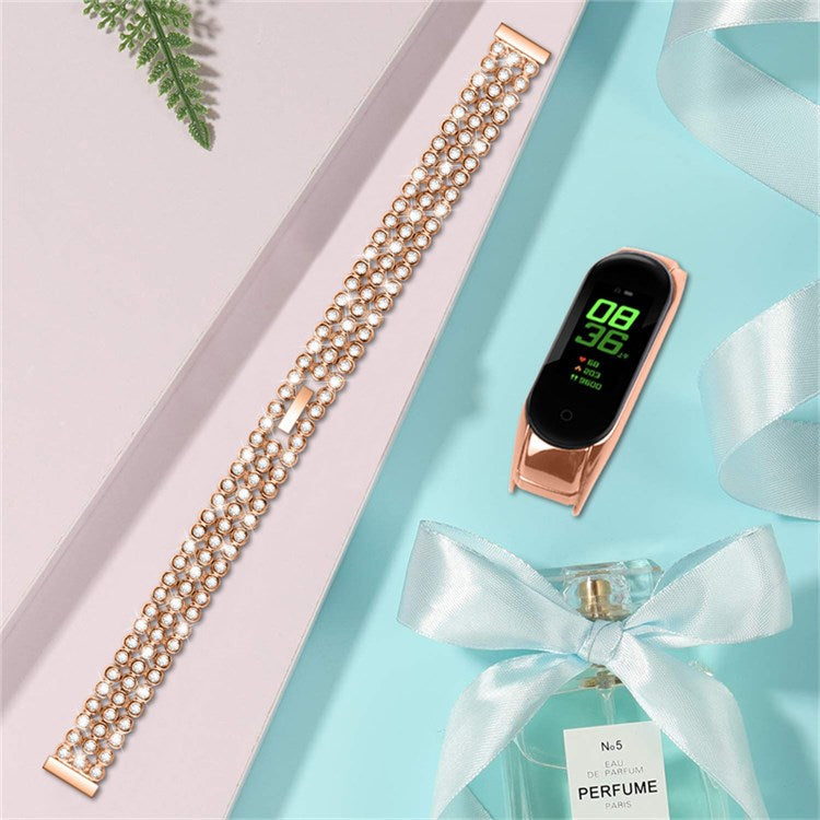 For Xiaomi Mi Band 7 Rhinestones Decor Replacement Strap Stainless Steel Round Beads Smart Watch Wristband - Rose Gold