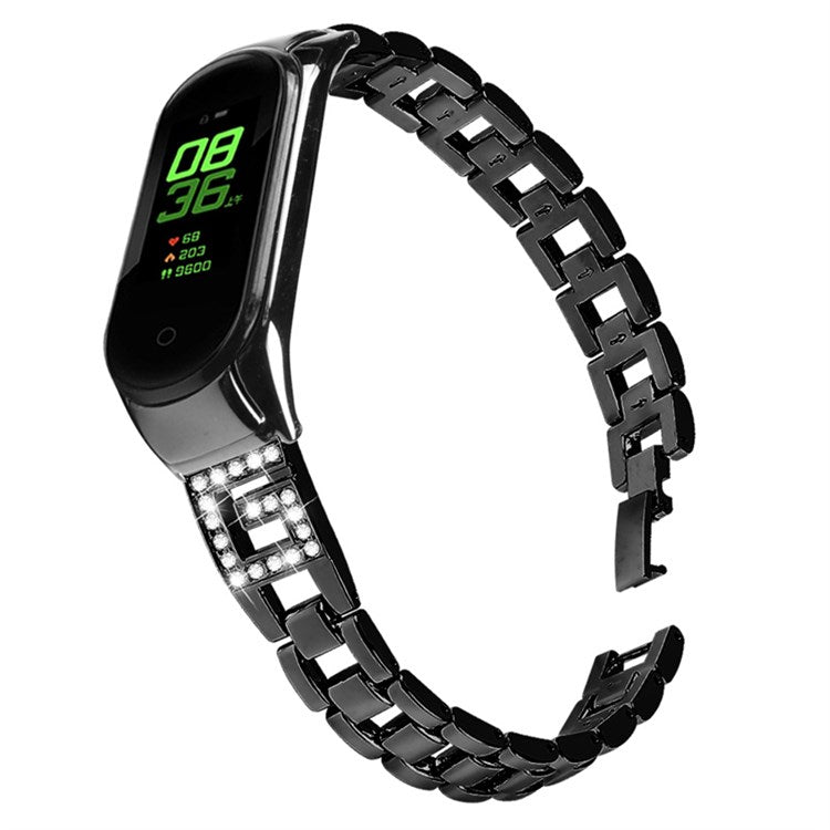 For Xiaomi Mi Band 7 G Letter Rhinestones Decor Stainless Steel Watch Strap Replacement Wrist Band - Black
