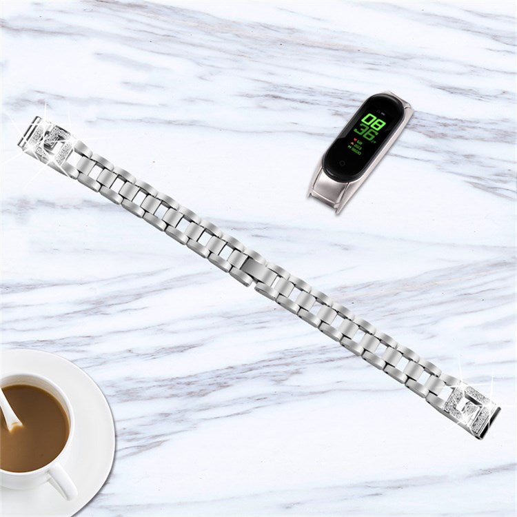 For Xiaomi Mi Band 7 G Letter Rhinestones Decor Stainless Steel Watch Strap Replacement Wrist Band - Silver