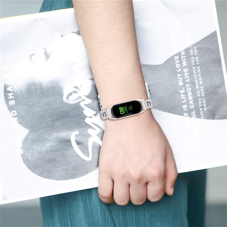 For Xiaomi Mi Band 7 G Letter Rhinestones Decor Stainless Steel Watch Strap Replacement Wrist Band - Silver