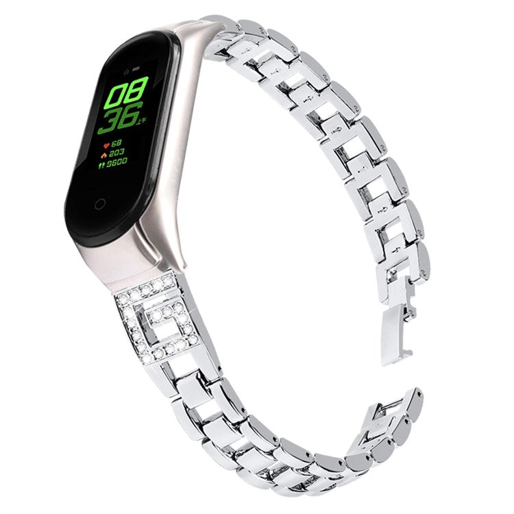 For Xiaomi Mi Band 7 G Letter Rhinestones Decor Stainless Steel Watch Strap Replacement Wrist Band - Silver