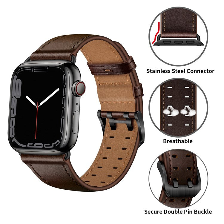 For Apple Watch Series 10 42mm / 9 8 7 41mm / 6 5 4 SE SE (2022) SE (2023) 40mm / 3 2 1 38mm Watch Band Genuine Leather Strap with Stainless Steel Buckle Clasp - Dark Brown