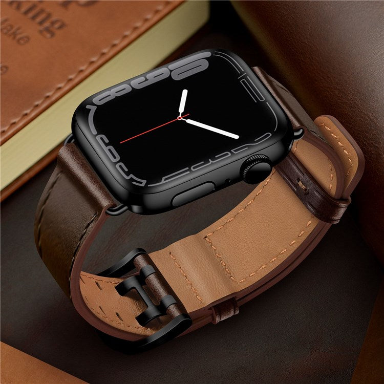 For Apple Watch Series 10 42mm / 9 8 7 41mm / 6 5 4 SE SE (2022) SE (2023) 40mm / 3 2 1 38mm Watch Band Genuine Leather Strap with Stainless Steel Buckle Clasp - Dark Brown