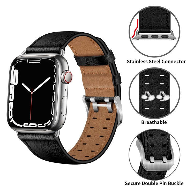 For Apple Watch Series 10 46mm / Ultra 2 Ultra 49mm / 9 8 7 45mm / SE (2023) SE (2022) SE 6 5 4 44mm / 3 2 1 42mm Genuine Leather Watch Band Quick Release Strap Replacement - Black / Silver Buckle