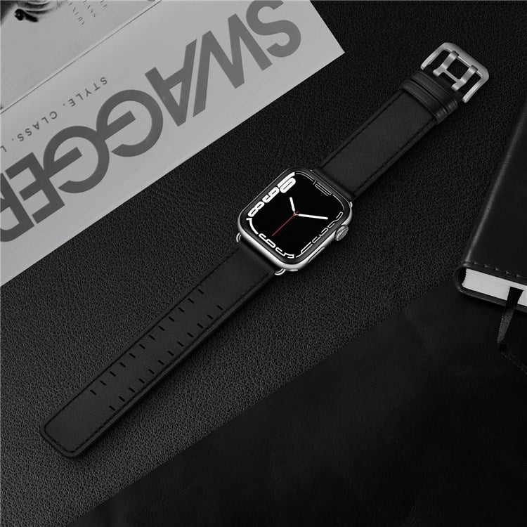 For Apple Watch Series 10 46mm / Ultra 2 Ultra 49mm / 9 8 7 45mm / SE (2023) SE (2022) SE 6 5 4 44mm / 3 2 1 42mm Genuine Leather Watch Band Quick Release Strap Replacement - Black / Silver Buckle