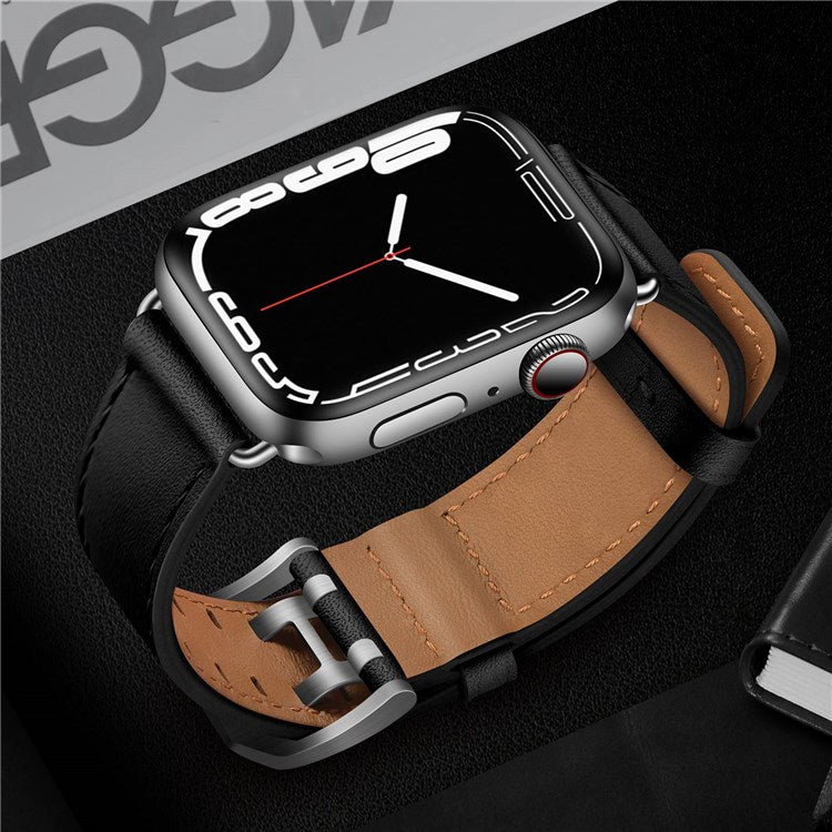 For Apple Watch Series 10 46mm / Ultra 2 Ultra 49mm / 9 8 7 45mm / SE (2023) SE (2022) SE 6 5 4 44mm / 3 2 1 42mm Genuine Leather Watch Band Quick Release Strap Replacement - Black / Silver Buckle