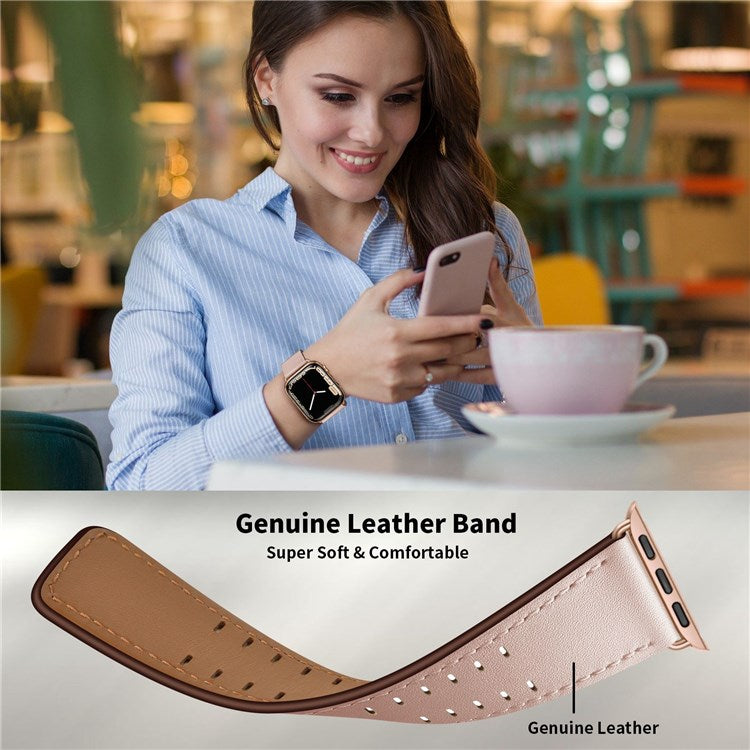 For Apple Watch Series 10 46mm / Ultra 2 Ultra 49mm / 9 8 7 45mm / SE (2023) SE (2022) SE 6 5 4 44mm / 3 2 1 42mm Genuine Leather Watch Band Quick Release Strap Replacement - Pink
