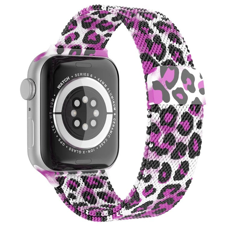 For Apple Watch Series 10 42mm / 9 8 7 41mm / 6 5 4 SE SE (2022) SE (2023) 40mm / 3 2 1 38mm Mesh Milanese Bracelet Watch Band Gradient Magnetic Strap Replacement - Purple Leopard Print