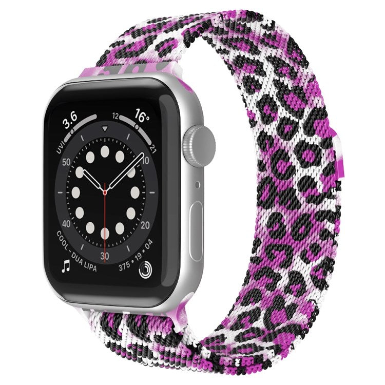 For Apple Watch Series 10 42mm / 9 8 7 41mm / 6 5 4 SE SE (2022) SE (2023) 40mm / 3 2 1 38mm Mesh Milanese Bracelet Watch Band Gradient Magnetic Strap Replacement - Purple Leopard Print