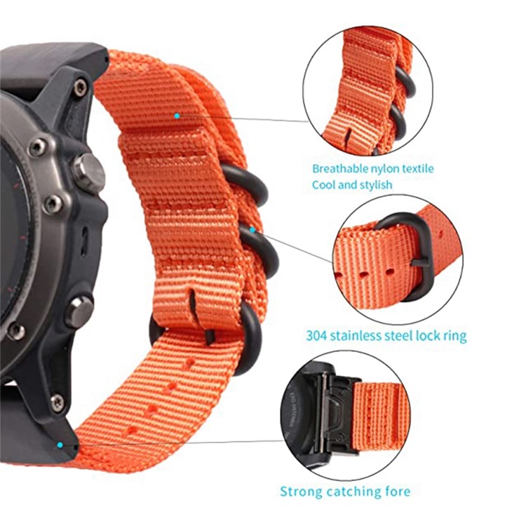 For Garmin Fenix 7 / 6 Pro / Forerunner 935 / 945 22mm Nylon Smart Watch Strap Stainless Steel Three Loops Replacement Wrist Band - Orange