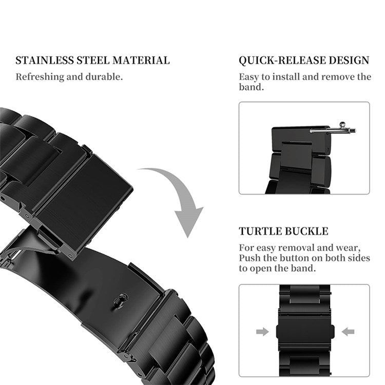 JLT For Samsung Galaxy Watch4 Classic 46mm / 42mm / Garmin Venu 2 Plus 22mm Stainless Steel Watch Strap Three Beads Wrist Band - Black