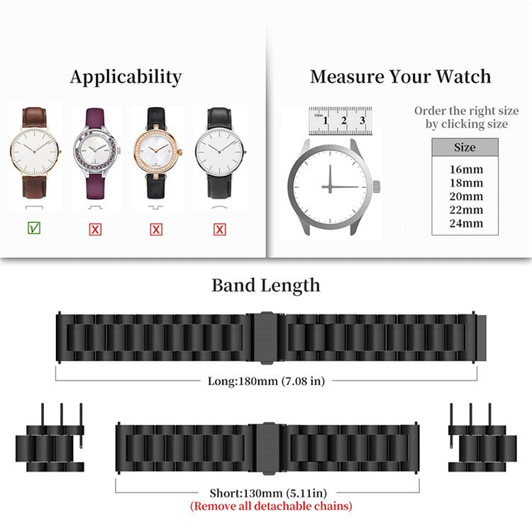 JLT For Samsung Galaxy Watch4 Classic 46mm / 42mm / Garmin Venu 2 Plus 22mm Stainless Steel Watch Strap Three Beads Wrist Band - Black