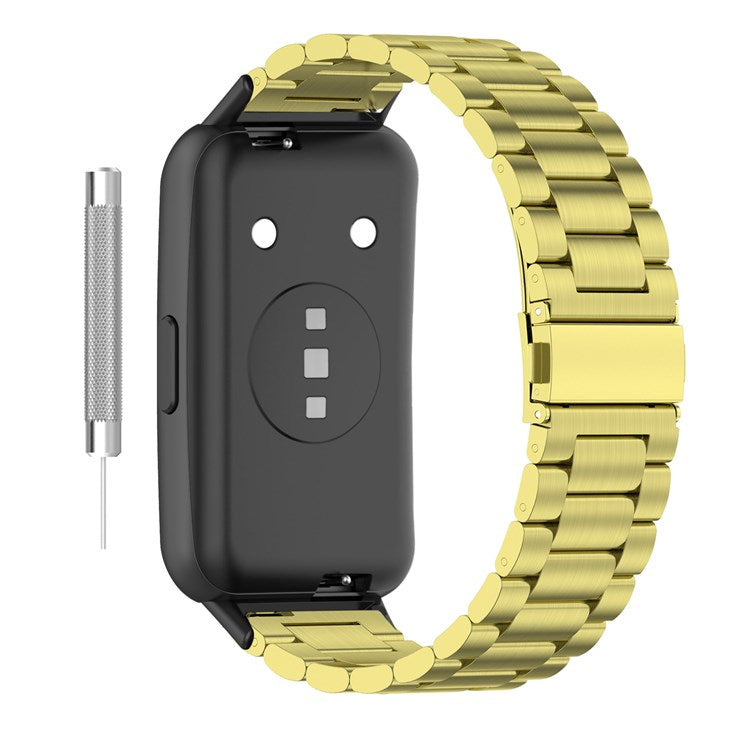 For Huawei Band 7 Stainless Steel Smart Watch Band Three Beads Replacement Strap with Folding Buckle - Gold