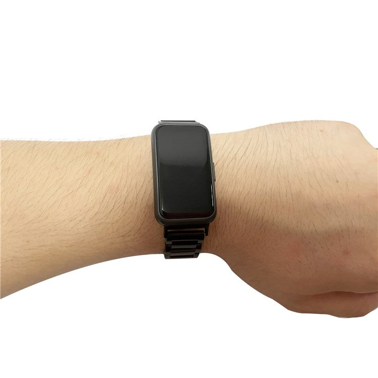 For Huawei Band 7 Stainless Steel Smart Watch Band Three Beads Replacement Strap with Folding Buckle - Gold