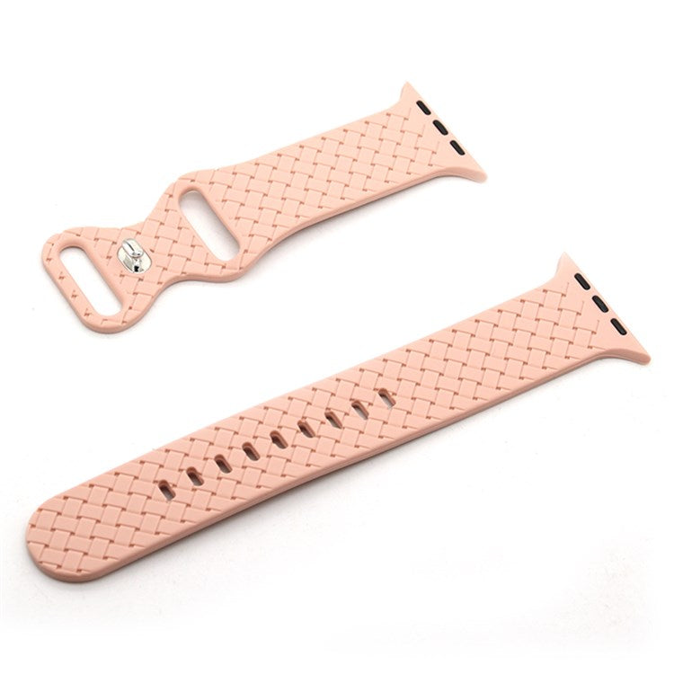 For Apple Watch Series 10 46mm / Ultra 2 Ultra 49mm / 9 8 7 45mm / SE (2023) SE (2022) SE 6 5 4 44mm / 3 2 1 42mm Silicone Watch Strap Woven Texture Adjustable Wristband Replacement - Pink