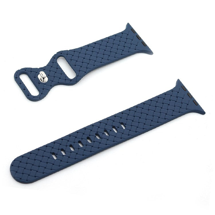 For Apple Watch Series 10 46mm / Ultra 2 Ultra 49mm / 9 8 7 45mm / SE (2023) SE (2022) SE 6 5 4 44mm / 3 2 1 42mm Silicone Watch Strap Woven Texture Adjustable Wristband Replacement - Midnight Blue