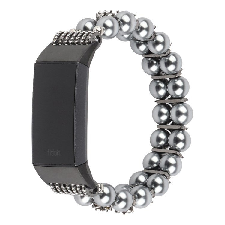 For Fitbit Charge 3 / 4 Two Rows Stylish Pearl Bracelet Wrist Strap Replacement Watch Band - Black