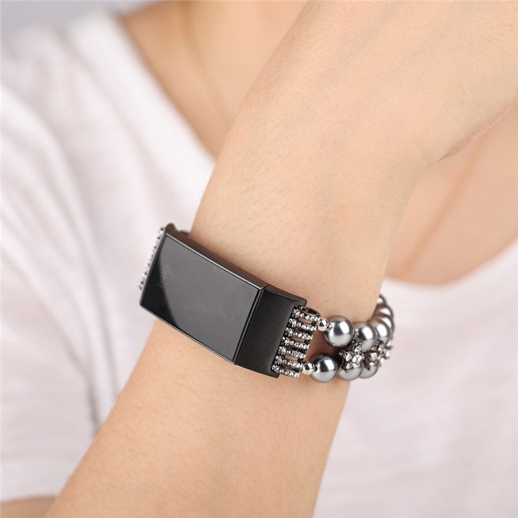 For Fitbit Charge 3 / 4 Two Rows Stylish Pearl Bracelet Wrist Strap Replacement Watch Band - Black