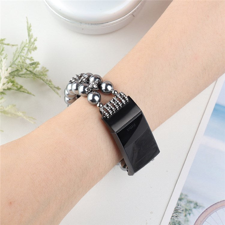 For Fitbit Charge 3 / 4 Two Rows Stylish Pearl Bracelet Wrist Strap Replacement Watch Band - Black