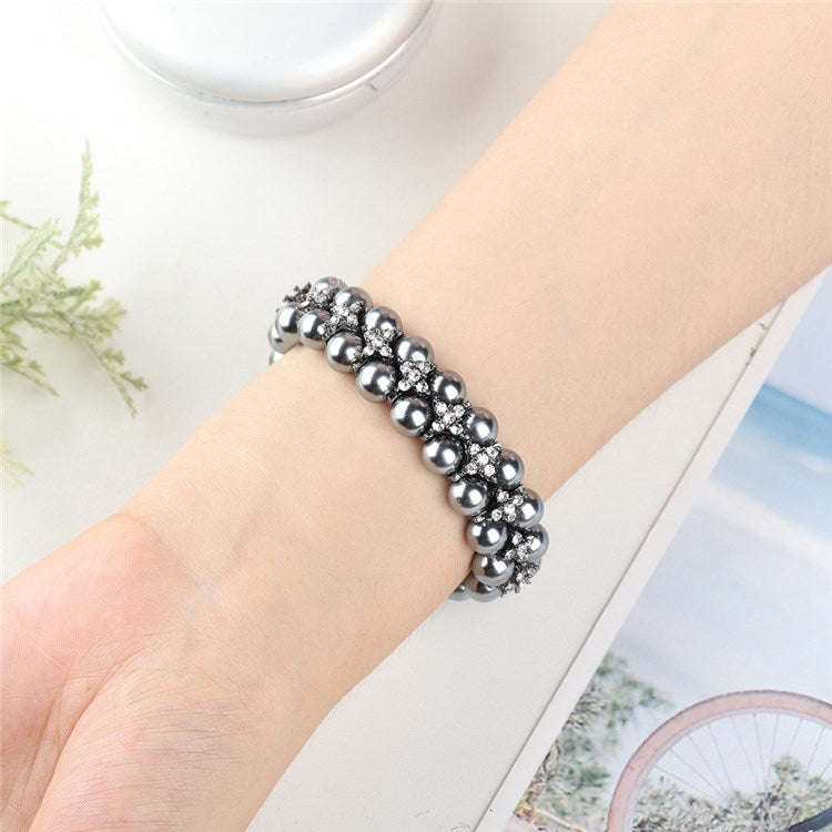 For Fitbit Charge 3 / 4 Two Rows Stylish Pearl Bracelet Wrist Strap Replacement Watch Band - Black