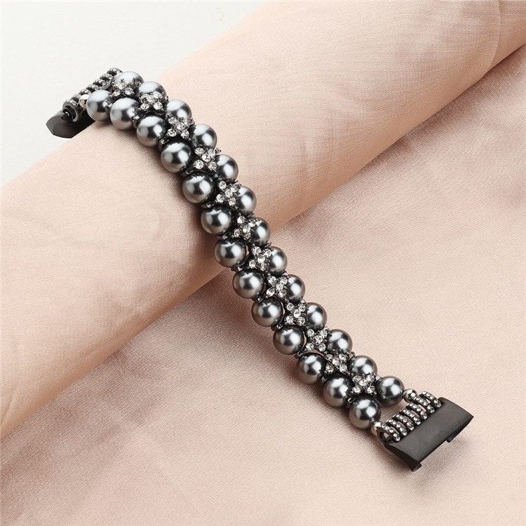 For Fitbit Charge 3 / 4 Two Rows Stylish Pearl Bracelet Wrist Strap Replacement Watch Band - Black