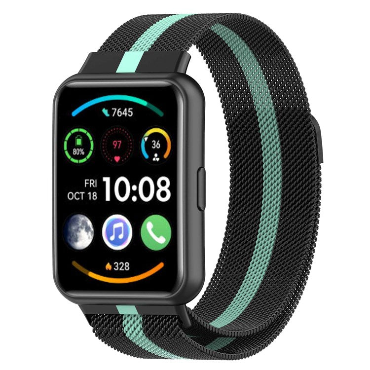 Metal Smart Watch Strap for Huawei Watch Fit 2 Adjustable Milanese Watchband Replacement Part - Black / Green