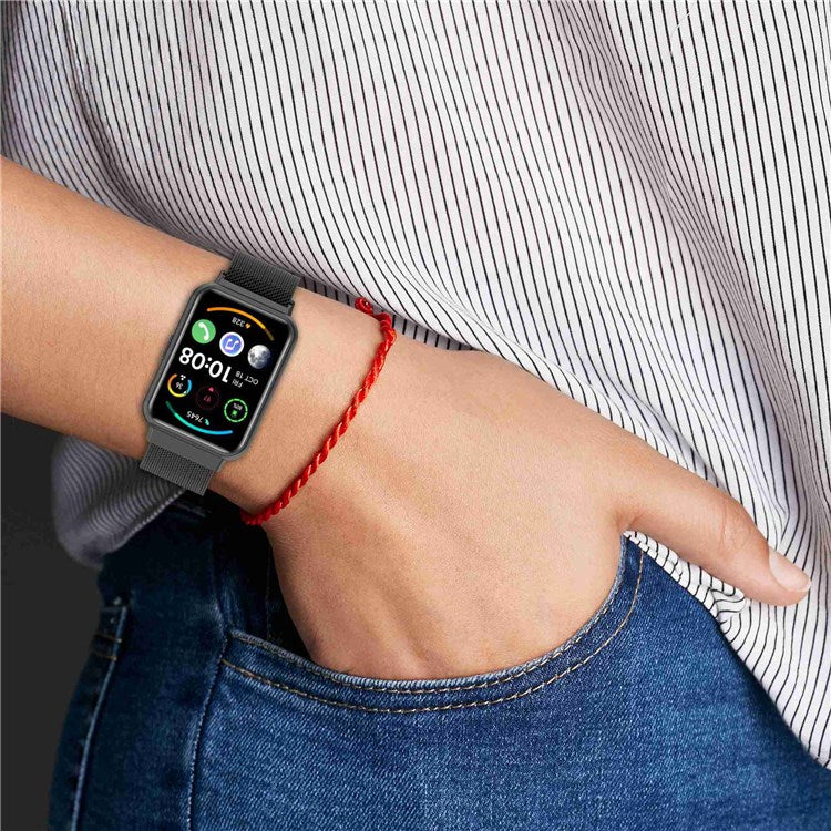 Metal Smart Watch Strap for Huawei Watch Fit 2 Adjustable Milanese Watchband Replacement Part - Black / Green