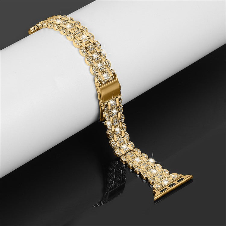 For Apple Watch Series 10 46mm / Ultra 2 Ultra 49mm / Series 9 8 7 45mm / SE (2023) SE (2022) SE 6 5 4 44mm / 3 2 1 42mm Watch Strap Stainless Steel Rhinestone Decor Wrist Band - Gold