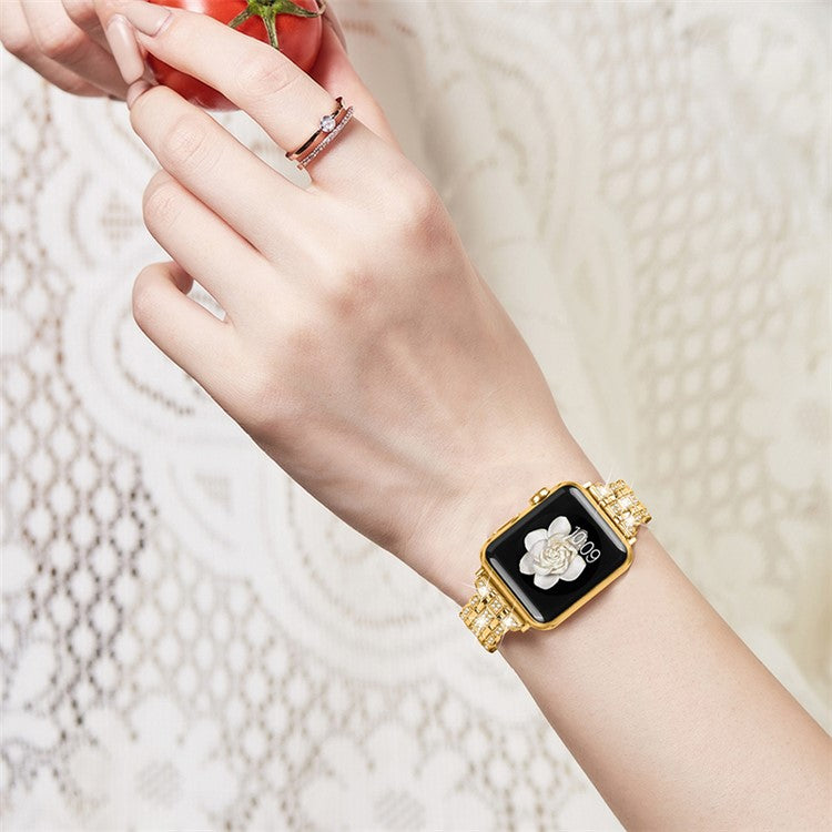 For Apple Watch Series 10 46mm / Ultra 2 Ultra 49mm / Series 9 8 7 45mm / SE (2023) SE (2022) SE 6 5 4 44mm / 3 2 1 42mm Watch Strap Stainless Steel Rhinestone Decor Wrist Band - Gold