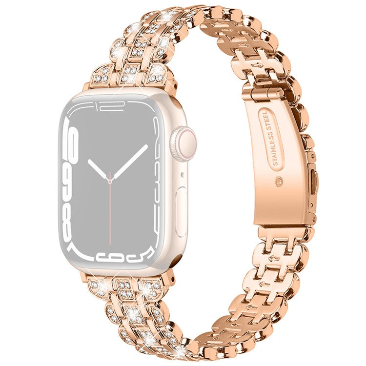 Watch Strap for Apple Watch Series 10 9 8 7 SE 6 5 4 3 2 1 42mm 41mm 40mm 38mm Stainless Steel Rhinestone Bracelet Band - Rose Gold