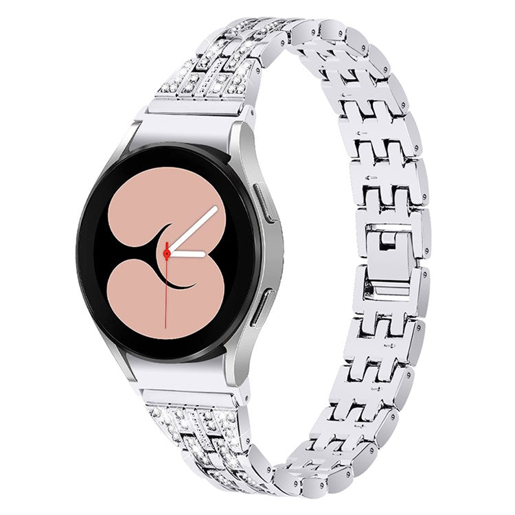 For Samsung Galaxy Watch4 Active 40mm / 44mm / Watch4 Classic 42mm / 46mm Bracelet Metal Watch Band 5 Beads 2 Rows Bling Rhinestone Replacement Strap - Silver