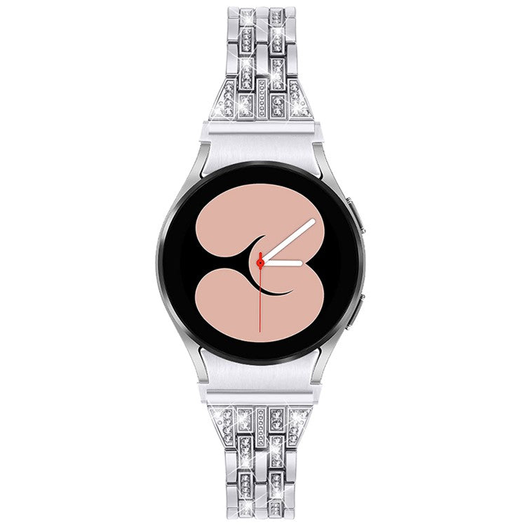 For Samsung Galaxy Watch4 Active 40mm / 44mm / Watch4 Classic 42mm / 46mm Bracelet Metal Watch Band 5 Beads 2 Rows Bling Rhinestone Replacement Strap - Silver