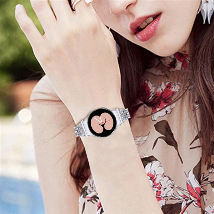 For Samsung Galaxy Watch4 Active 40mm / 44mm / Watch4 Classic 42mm / 46mm Bracelet Metal Watch Band 5 Beads 2 Rows Bling Rhinestone Replacement Strap - Silver