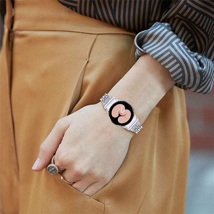 For Samsung Galaxy Watch4 Active 40mm / 44mm / Watch4 Classic 42mm / 46mm Bracelet Metal Watch Band 5 Beads 2 Rows Bling Rhinestone Replacement Strap - Silver